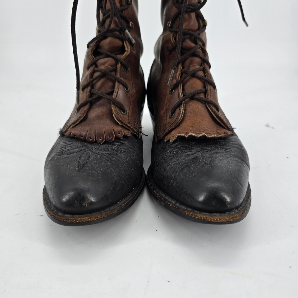 Justin Lace Up Roper Boots Womens 7.5 M Boots Brown Black Leather Kiltie USA - Picture 8 of 9